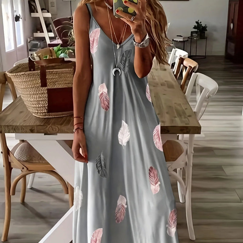 Saída Vestido Estampa Penas Longo