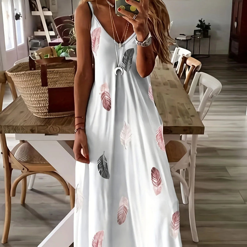 Saída Vestido Estampa Penas Longo
